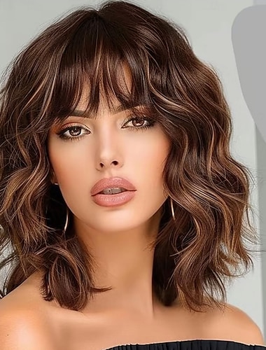  باروكة شعر صناعي قصير مموج للنساء مع غرة بطول الكتف للاستخدام اليومي في الحفلات