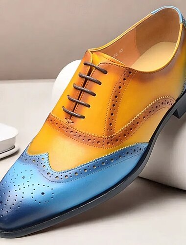  Herren-Brogue-Oxford-Schuhe mit Farbverlauf – hochwertiges Rindsleder mit gelbem und blauem Design, perfekt für Business, Partys oder formelle Anlässe