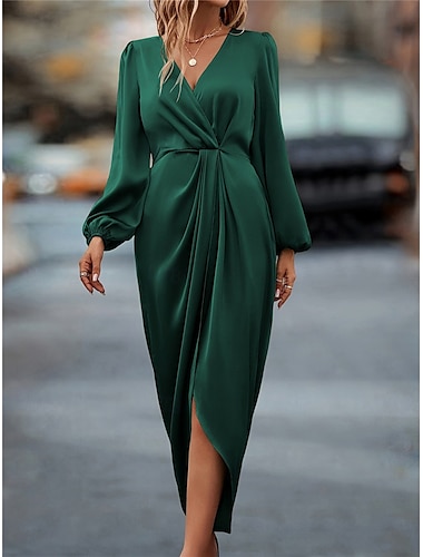  Women's Casual Dress Midi Dress Ruched Casual V Neck Long Sleeve Champagne Wine Green Color