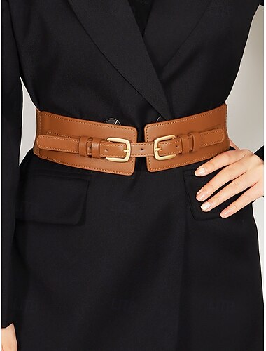  Cinturón ancho de piel sintética marrón para mujer con hebillas dobles: elegante faja ajustable para vestidos y abrigos