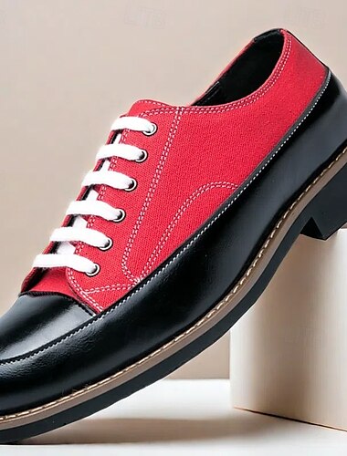  chaussures oxford en toile rouge et similicuir noir pour hommes - modèle décontracté à lacets avec coutures contrastées pour un usage quotidien