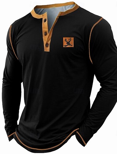  Herren Tier Hirsch Henley Shirt Langarm T-Shirt 3D-Druck Henley Hemd Retro Vintage Cowboy Casual Täglich Festtage Schwarz Armeegrün Dunkelblau Sommer Frühling Herbst Bekleidung Normal S M L XL XXL