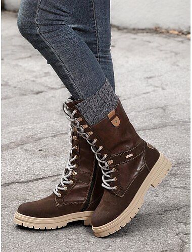  braune Damen-Winterstiefel zum Schnüren – Kunstleder, Strickbündchen-Design, isoliertes Futter, robuste Sohle für kaltes Wetter und Abenteuer im Freien