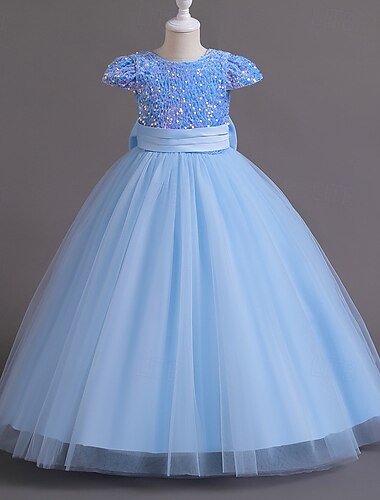  Flower Girl Dress Kid's Girls' Princess Dress Performance Wedding Party Elegant Beautiful Sequins Mesh Solid Color Short Sleeve Crew Neck Pink Red 4 years+