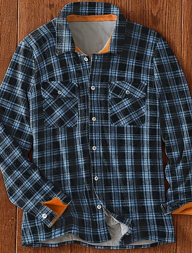  Herren Plaid Fleece-Shirt Hemdjacke Overshirt Langarm Vintage Brautkleider schlicht Outdoor Strasse Freizeitskleidung Herbst Winter Umlegekragen Hemden mit Kragen Knopf 3D-Druck 2 Taschen Blau Braun