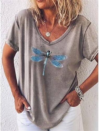  Dame T skjorte Dragonfly Mote Moderne Fritid Kortermet V-hals Vanlige topper Daglig Helg Trykt mønster Rød Blå Grå Sommer