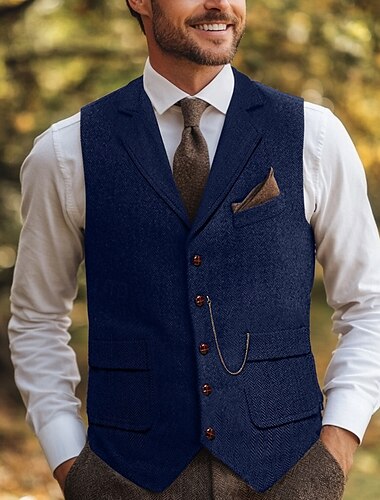  Braun-graue Herringbone-Weste für Männer Tweed standardmäßig mit Revers einreihig mit fünf Knöpfen