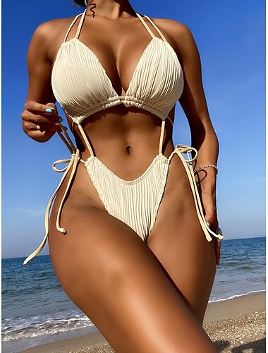  Mujer Bañadores Una pieza Monokini Traje de baño Espalda al Aire Control de barriga Alta cintura Delgado Vacaciones Ropa de playa Color sólido Cuello halter Sin Mangas Trajes de baño