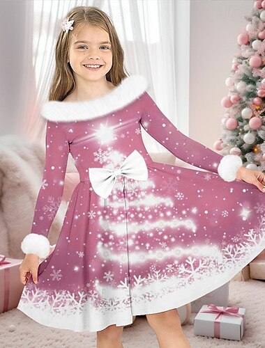  Jul Jenter' 3D Juletre Julekjole Kjole Snowflake kjole Langermet 3D-utskrift Høst Vinter Sport & Utendørs Daglig Ferie søt stil Fritid Vakker Barn 3-12 år Uformell kjole Swingkjole Kjole med A-linje