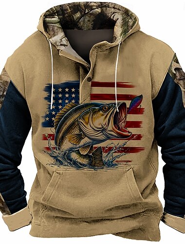  Pánské Americká americká vlajka Ryby Kapuce Mikina Kapuce Mikina s kapucí Kapuce Kovbojské 3D tisk Outdoorové sporty Streetwear Světle hnědá Hnědá Kapsy 3D tisk Podzim Zima Návrhář