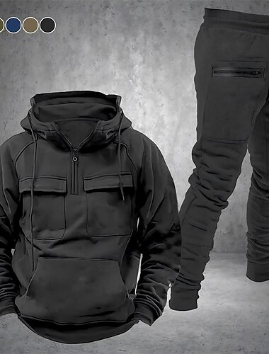  Voor heren Trui met capuchon Trainingspak sweatsuit Hoodie met kwartrits Zwart Wijn Marineblauw Capuchon Effen Trekkoord 2-stuks Voorvak Sport & Outdoor Dagelijks Feestdagen Polyester Streetwear