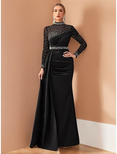  Meerjungfrau/Trompete Abendkleid Vintage Kleid formelle Hochzeit bodenlang Langarm quadratischer Ausschnitt Champagner Mutter der Braut Kleid Satin mit Glitzerperlen 2025