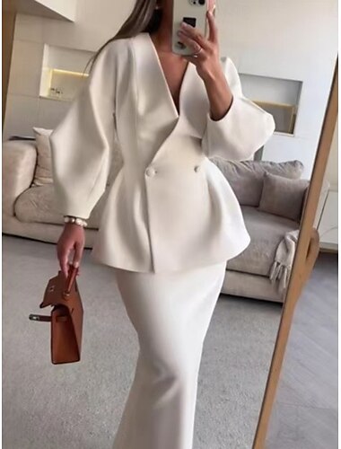  Damen Kleid-Set Casual kleid Rock-Set Brautkleider schlicht Glatt Rüschen Knopf Midikleid Langarm V Ausschnitt Outdoor Täglich Weiß Kamel Grau Herbst Winter Regular Fit