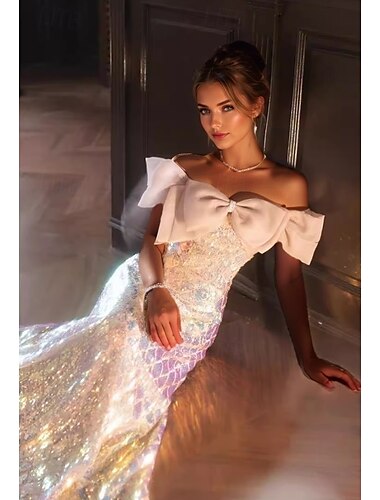 A-Linie Ballkleider elegantes Kleid formelle Hochzeit bodenlang kurzärmlig schulterfrei rosa Paillettenkleid mit Glitzerschleife(n) 2025