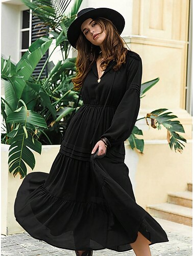  robe noire à volants en patchwork pour femme, robe longue, maxi, manches lanternes, élégante, décontractée, unie, col en V, manches longues, rendez-vous quotidien, été, printemps, noir
