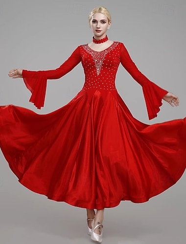  Baile de Salón Vestido Corte Cristales / diamantes de imitación Mujer Rendimiento Entrenamiento Manga Larga Satén Licra