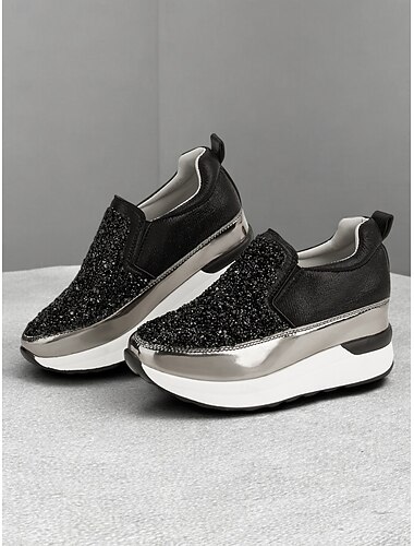  Zwarte instapsneakers voor dames met glitterversieringen en plateauzool – stijlvolle casual schoenen voor dagelijks gebruik