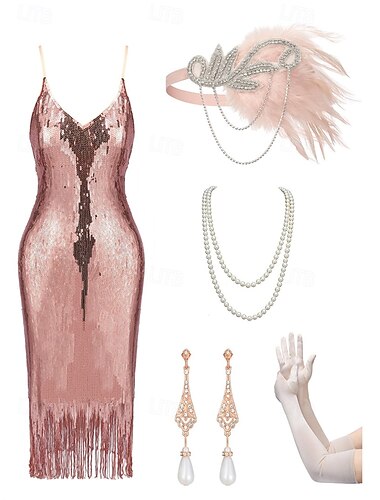  Rétro Vintage Années Folles Années 1920 Midi Robe Charleston Tenues Robe de cocktail Gatsby le Magnifique Fille Flapper Invité au mariage Paillettes Frange Femmes Costume de Carnaval 7 PCS Noël