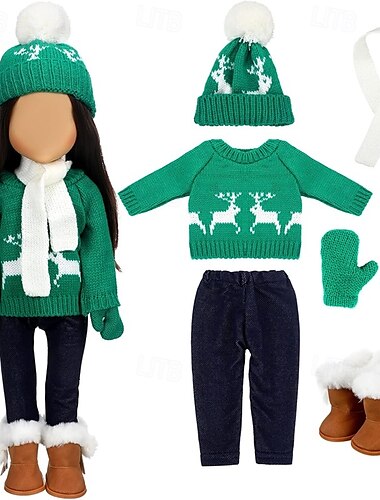  Weihnachtskleidung und Accessoires für 18-Zoll-Puppen, Winter-Puppen-Outfits-Set, Pullover, Hosen, Mützen, Schuhe für 18-Zoll-Puppen, Geschenke (ohne Puppe)