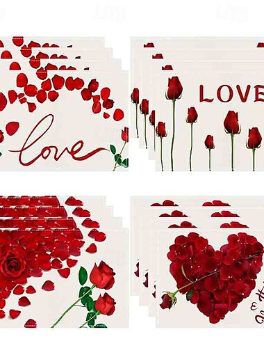  Juego de 4 manteles individuales para el día de San Valentín, manteles individuales románticos y decorativos con patrones de corazones o rosas, duraderos y resistentes al calor, perfectos para agregar
