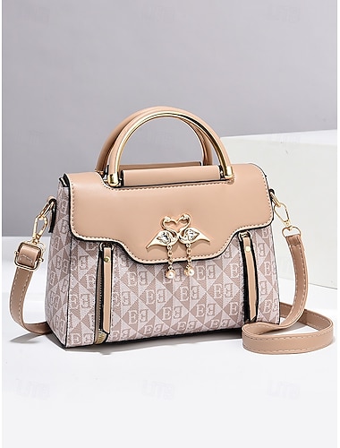 elegante borsa a tracolla beige da donna – design monogramma di lusso con ciondolo a cuore e manico superiore