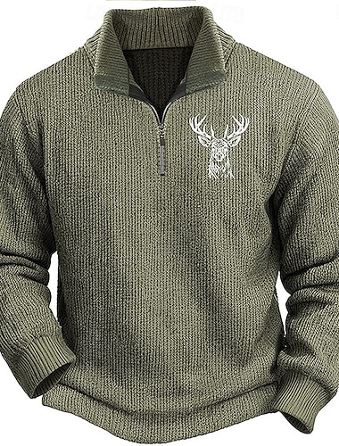  Hombre Reno Venados Suéter de punto Jersey con cremallera Suéter Polo Cuello con cremallera Retro Antiguo Casual Ropa de fiesta de noche Diario Bordado Tejido en Punto Cálido Manga Larga Otoño