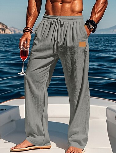  Herren Leinenhose Hose Hosen Sommerhosen Strandhose Kordelzug Elastische Taille Gerade geschnitten Glatt Komfort Atmungsaktiv In voller Länge Outdoor Festtage Strand Urlaub Modisch Schwarz Weiß