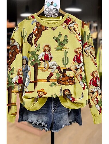  dámská mikina vintage western etnický grafický geometrický kmenový domácí večírek ležérní kulatý výstřih patchworkový potisk dlouhý rukáv žlutá zima podzim &amp; zima