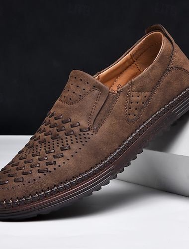  ademende instappers voor heren - geperforeerde casual schoenen van imitatiesuède met geweven details en antislipzool