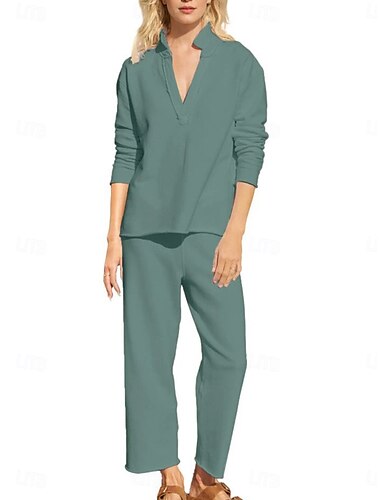  Damen Leinen-inspirierte Sets Zweiteilige Sets Bluse Chinos Langarm Einfarbig Marineblau Grün Beige Herbst Normale Passform