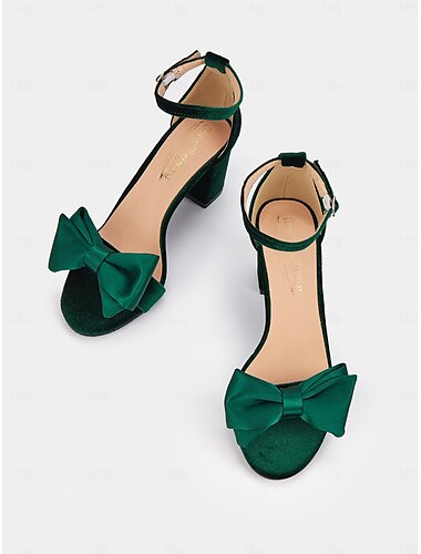  sandales à talon carré en velours vert pour femmes avec nœud en satin et bride à la cheville – parfaites pour les mariages, les fêtes ou les événements officiels