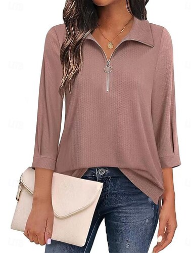  Per donna Magliette polo Tinta unica Essenziale Informale Manica a 3/4 A V Top regolari Giornaliero Collage Cerniera Nero Rosa Primavera & Autunno