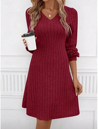  Damen strickkleid Minikleid Patchwork Brautkleider schlicht V Ausschnitt Langarm Schwarz Wein Farbe