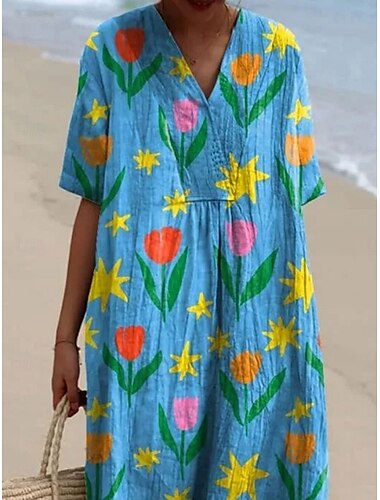  Damen Maxikleid Leinen-inspirierte Kleider Freizeitkleid Schwingkleid Lässig Täglich Normale Passform Blumen Halbarm V Ausschnitt Königliches Blau Blau Sommer Frühling Herbst