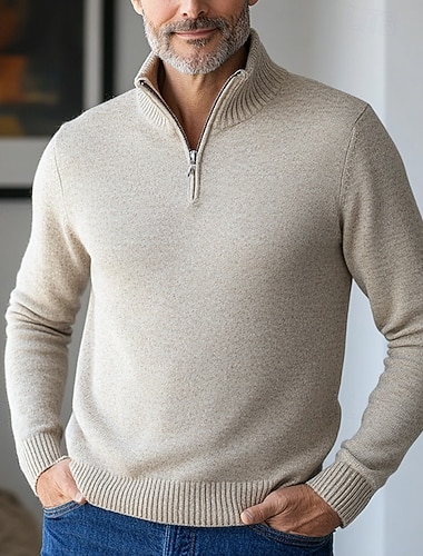  Homme Pull Chandail Robe pull Pull A côtes Tricoter Découpé Zippé Tricoté Couleur unie Mao mode basique Extérieur du quotidien Vêtement Tenue Automne Hiver Chameau Noir S M L