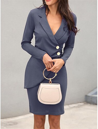  Damen Casual kleid Minikleid Patchwork Knopf Brautkleider schlicht Ausgefallene V Ausschnitt Langarm Schwarz Wein Grau Farbe
