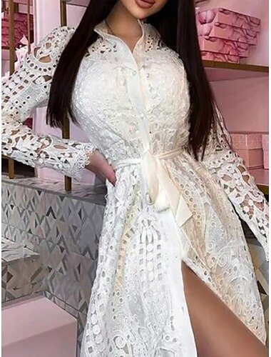  Damen Weißes Kleid Midikleid mit Schnürung Patchwork Brautkleider schlicht Ständer Langarm Weiß Farbe