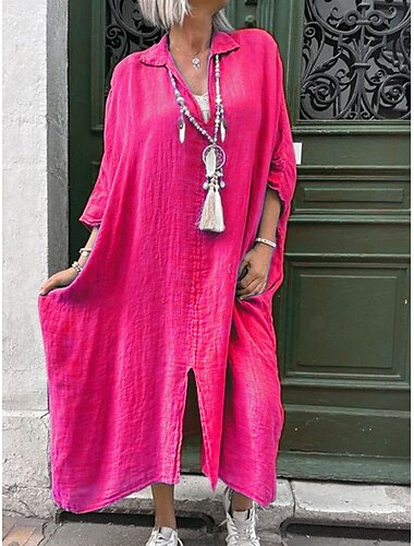  Mujer Blanco Rosa Rojo Gris Primavera Otoño Vestido maxi Vestidos inspirados en el lino Elegante Moda Festivos Cita Holgado Cuello Camisero