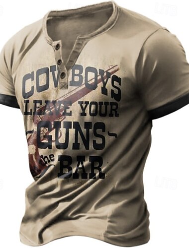  Męskie Graficzny Cow Boy Podkoszulek Koszula Henley Krótki rękaw Retro / vintage Codzienny Ulica Lato Wiosna Khaki Henley Koszulka Henley