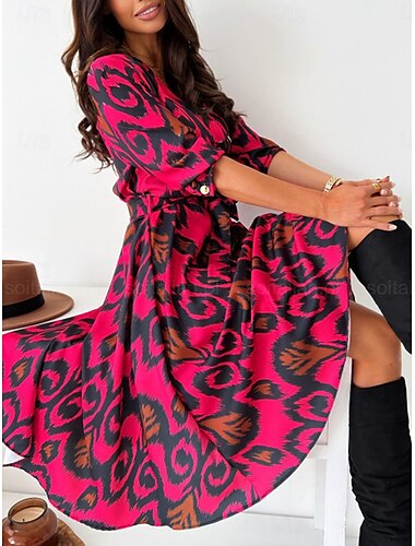  Per donna Vestito longuette Abito casual Vestito svasato Abito linea A Abito boho Informale Giornaliero Standard Floreale Manica lunga A V Nero Giallo Rosso Viola Primavera Autunno