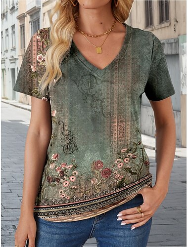  Dames T-shirt Wijnoogst Casual Korte mouw V-hals Normale tops Dagelijks Afdrukken Leger Groen Zomer Lente