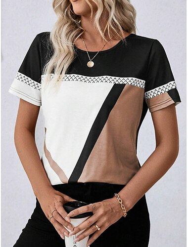  女性用 Tシャツ グラフィック カジュアル 半袖 ラウンドネック レギュラートップス 日常 パッチワーク プリント ルビーレッド ブルー カーキ色 夏