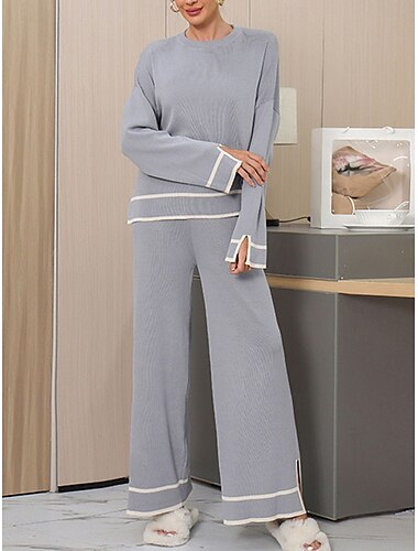  Damen Pullover Pullover-Koords Pullover-Set Brautkleider schlicht Weich Einfarbig Gerippt Rundhalsausschnitt Strick Langarm Normale Oberteile Stricken Outdoor Täglich Wochenende Schwarz Rote Herbst