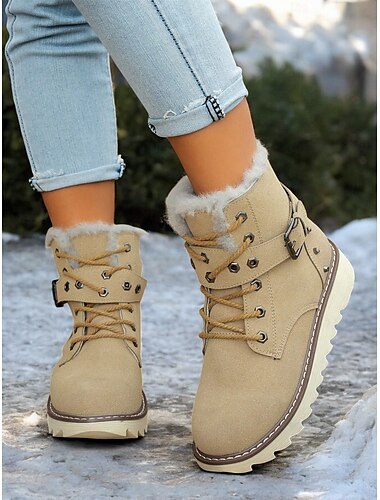  braune Winter-Schneestiefel für Damen mit Kunstfellfutter – warme, isolierte Outdoor-Stiefel mit Schnallendetail und rutschfester Sohle für kaltes Wetter