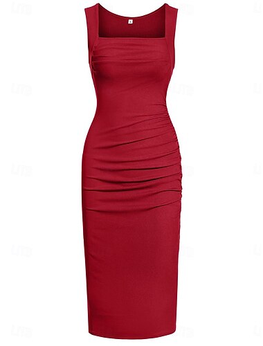  Damen Arbeitskleidung schwarzes kleid Etuikleid Elegant Täglich Midikleid Patchwork Quadratischer Ausschnitt Ärmellos Glatt Schlank Schwarz Wein Braun Sommer Herbst S M L XL