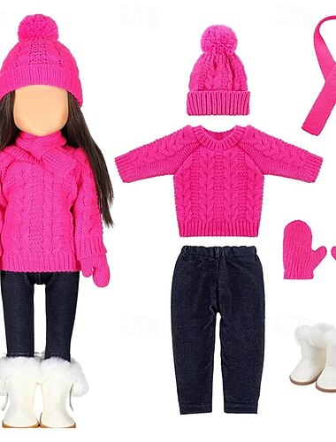  Weihnachtskleidung und Accessoires für 18-Zoll-Puppen, Winter-Puppen-Outfits-Set, Pullover, Hosen, Mützen, Schuhe für 18-Zoll-Puppen, Geschenke (ohne Puppe)