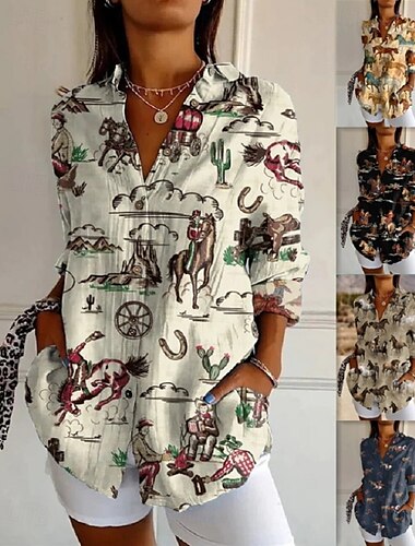  Dames Overhemd Linnen-geïnspireerde overhemden Knoop omhoog Grafisch dier Vintage Westers Etnisch Lange mouw Overhemdkraag Normale tops Vakantie Feest Werk Knop Afdrukken Zwart Geel Marineblauw Khaki