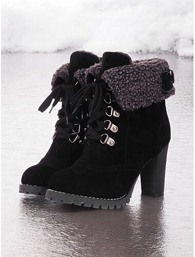  Damen Winterstiefel aus Wildlederimitat mit hohem Absatz – pelzgefütterte Schnürstiefel mit dickem Absatz für Schnee und kaltes Wetter