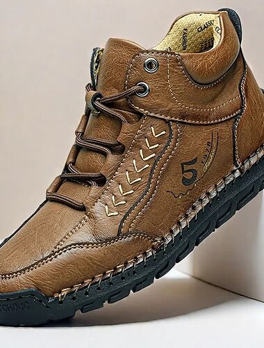  Botas altas informales de piel sintética para hombre con detalles de costuras, suela duradera y diseño con cordones: perfectas para aventuras al aire libre y comodidad diaria.