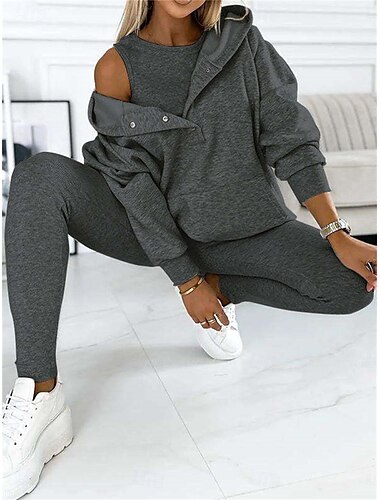  3-teiliges Loungewear-Set für Damen, bestehend aus Hoodie mit Cut-Out an den Schultern und Jogginghose, rosa, lässiges, sportliches Outfit, elastisch, modisch, Frühling, Herbst
